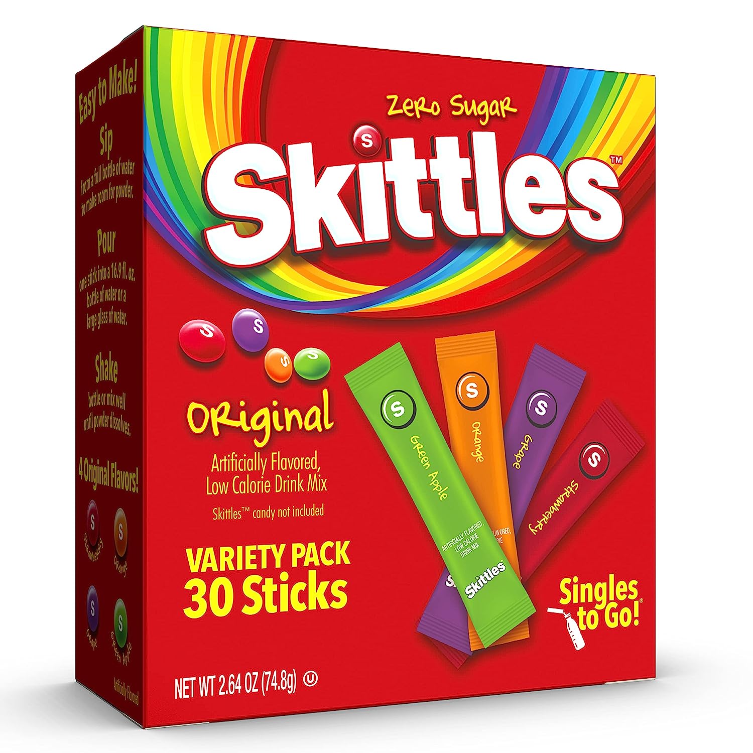 230527220235296_1 Skittles Singles To Go Variety Pack, Powdered Drink Mix, Zero Sugar, Low Calorie, Includes 4 Flavors: Green Apple, Strawberry, Grape, Orange, 1 Box (30 Single Servings) - Image 1